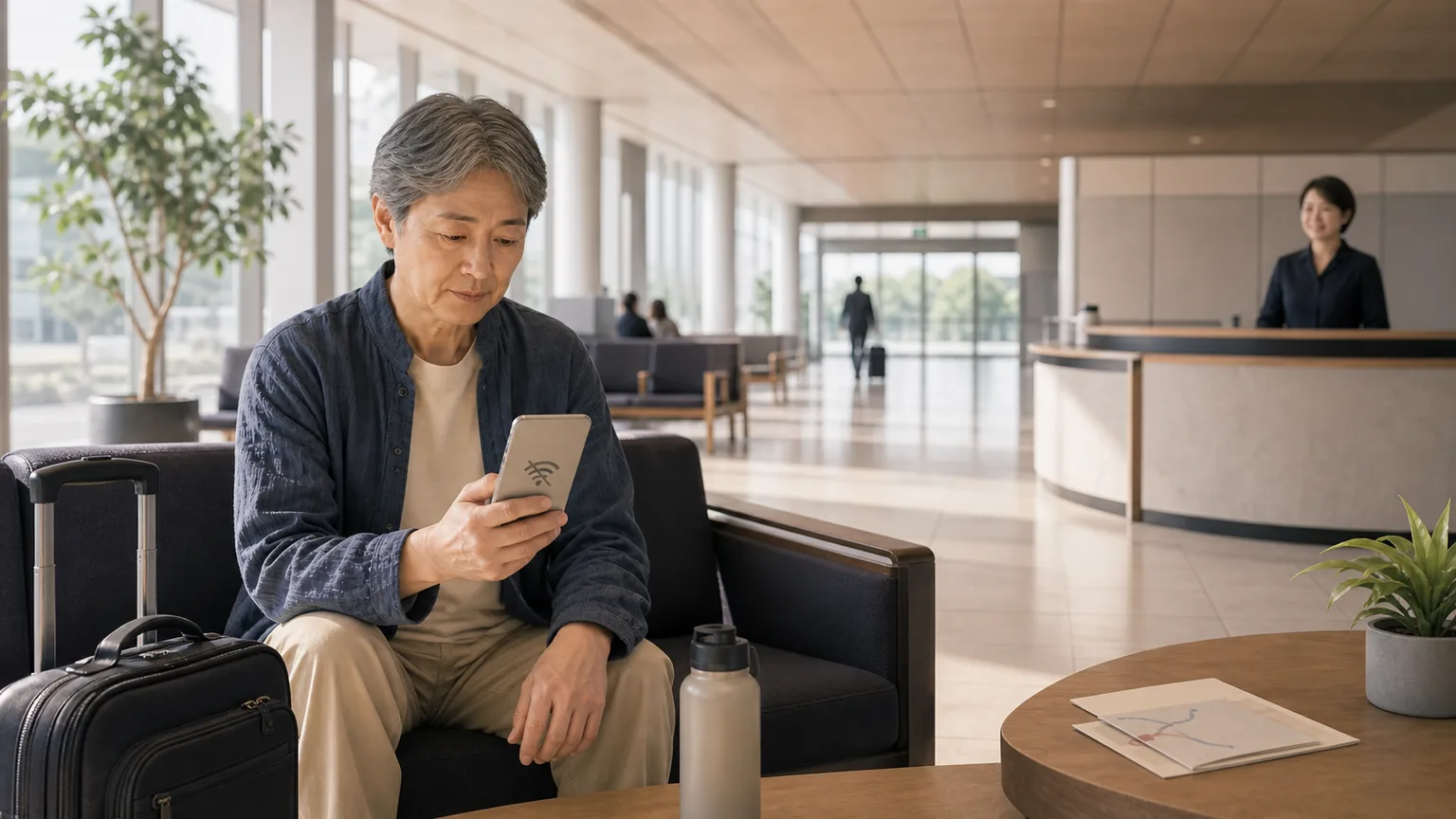 A traveler remains seated in an airport concourse with a disconnected phone while a staffed information counter remains nearby.