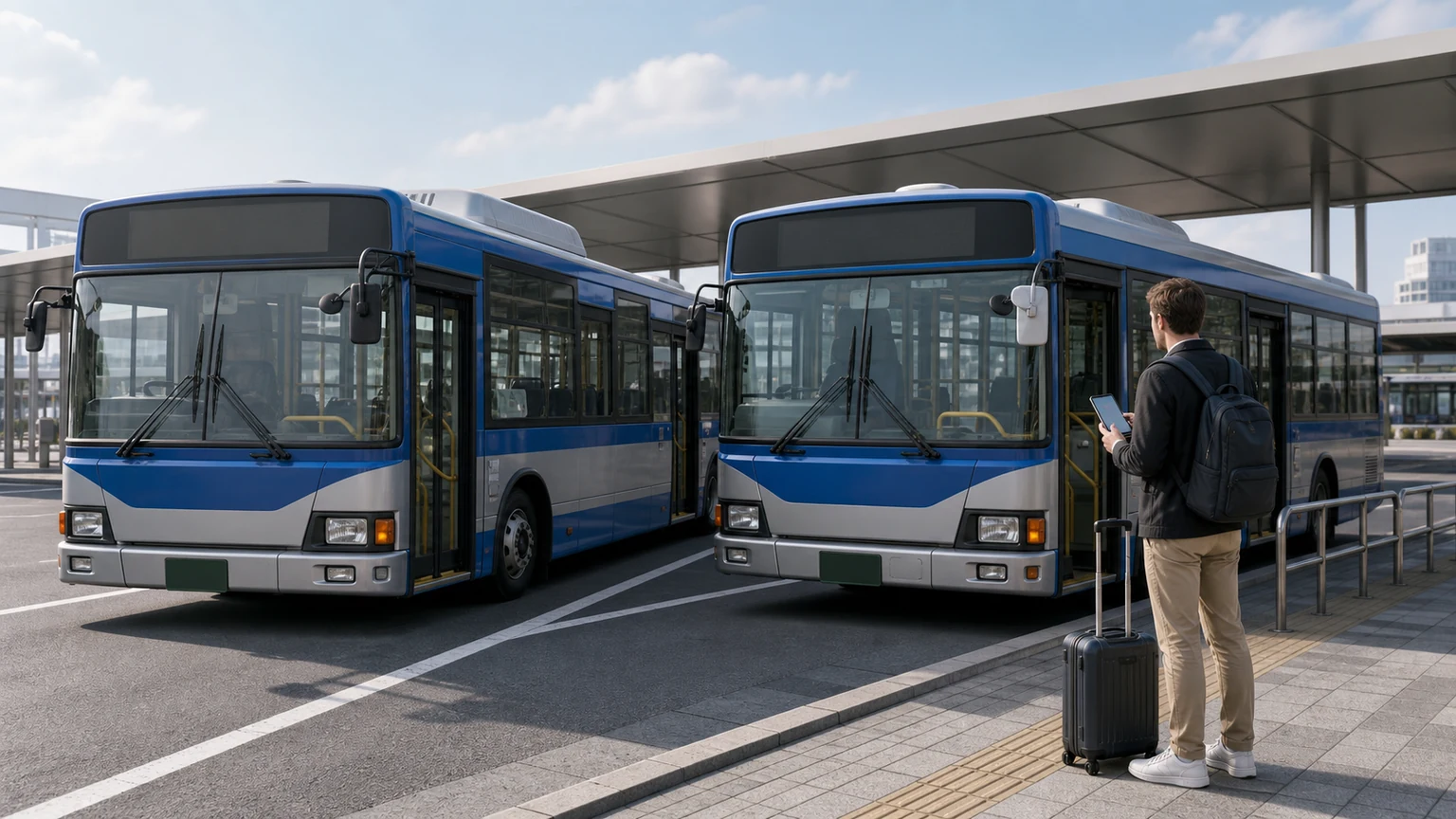 A traveler at a shared local bus stop compares two generic buses with route, destination, direction, and departure details shown separately in the lesson interface.