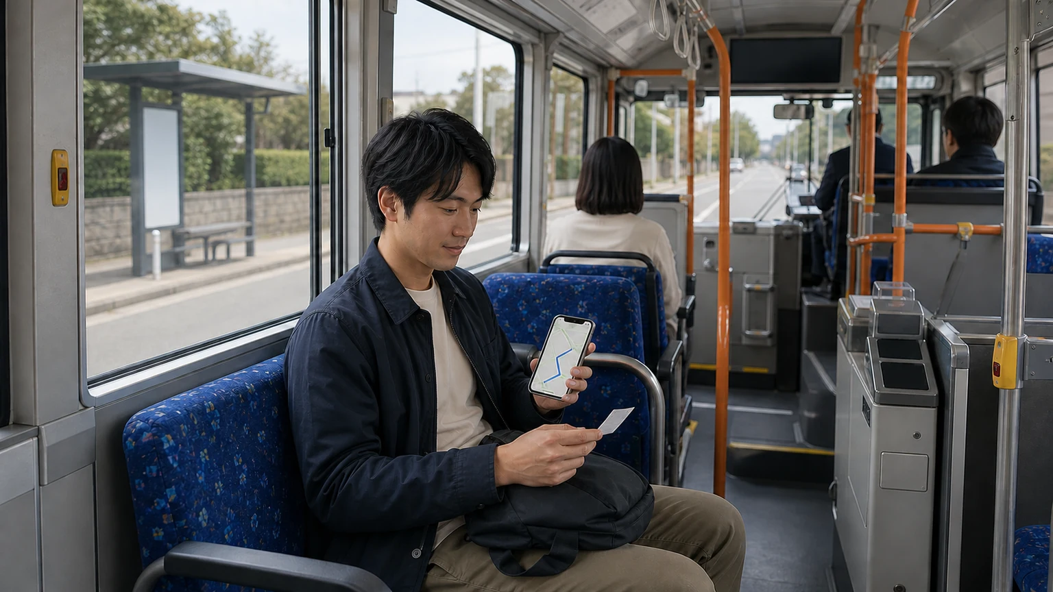 A seated traveler notices the bus is going the wrong direction, keeps a paper boarding ticket, and checks a safe return plan for the next stop.