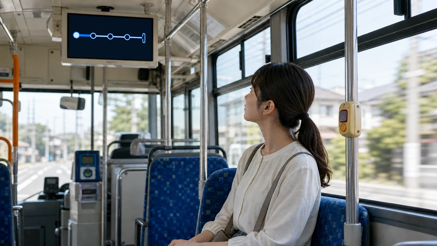 A traveler watches a generic onboard next-stop display near a request-stop button while the bus continues along its route.