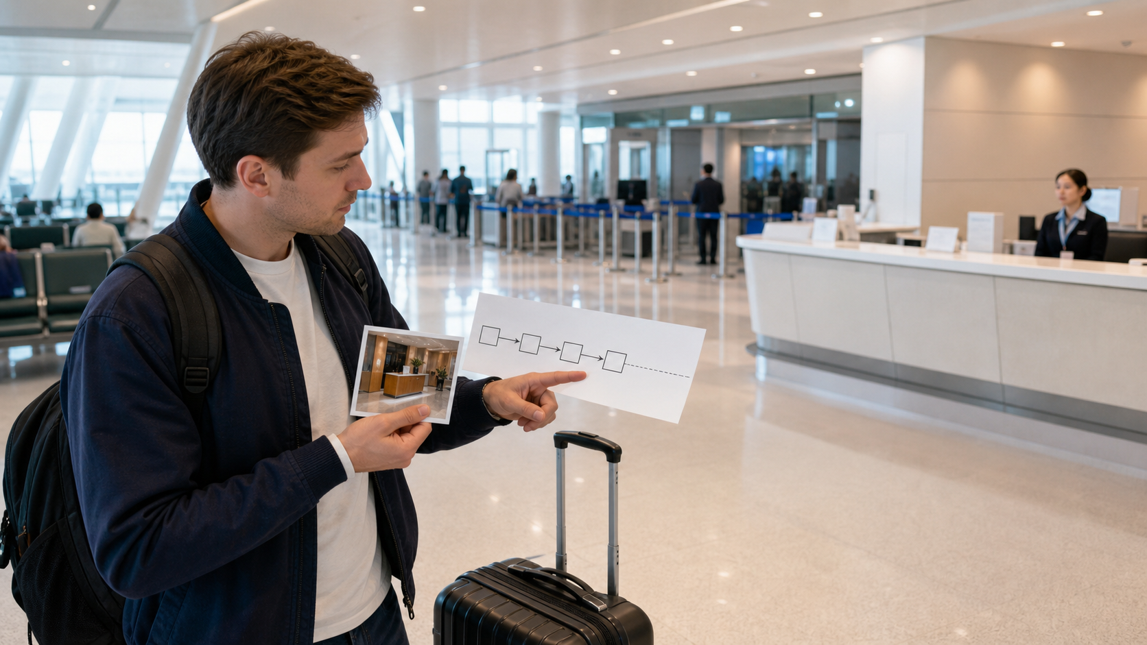A traveler reconstructs a route from a hotel to an airport public area near an information counter and security boundary.