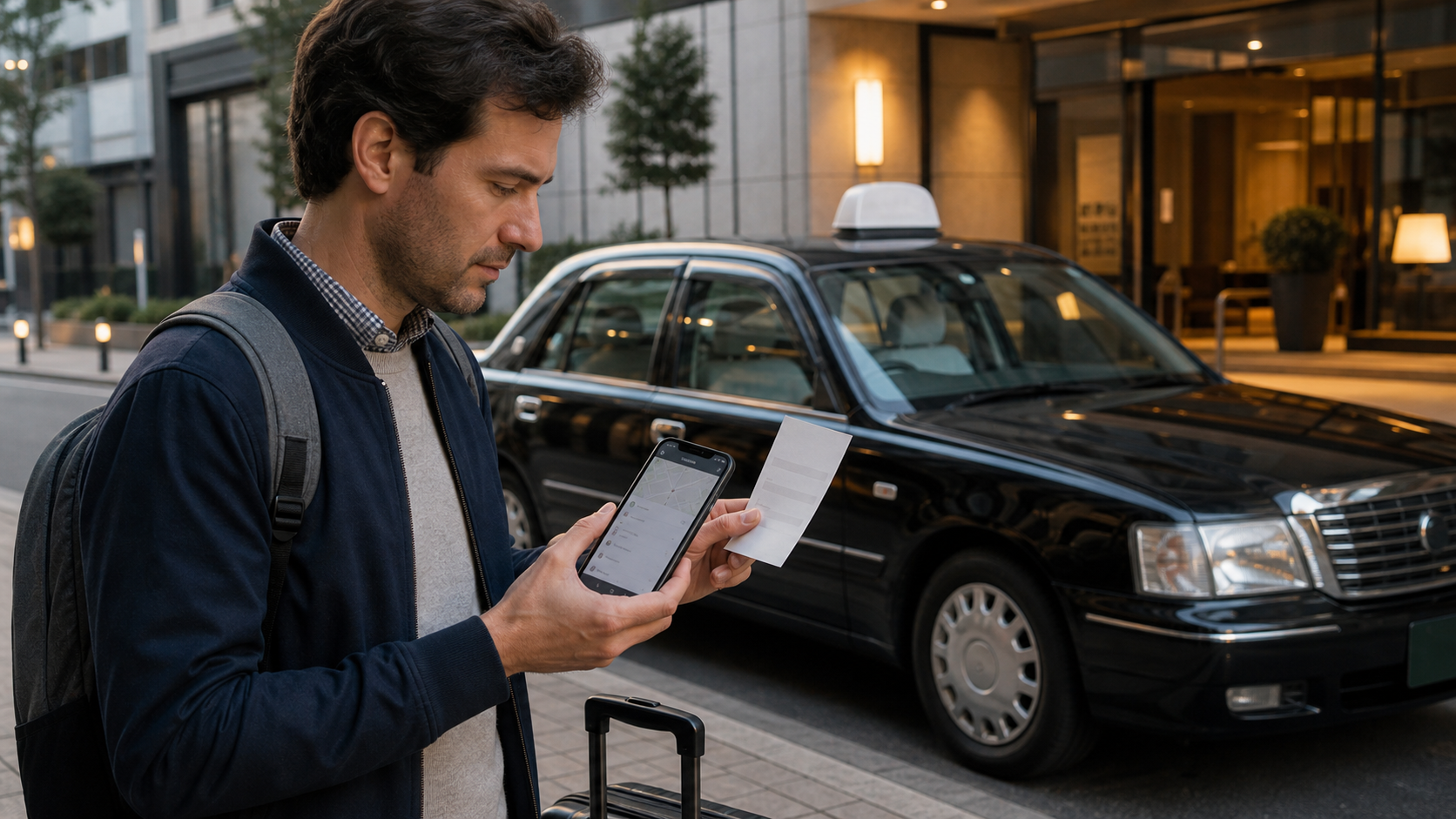 A traveler beside a generic taxi compares a paper receipt with a ride record on a phone.