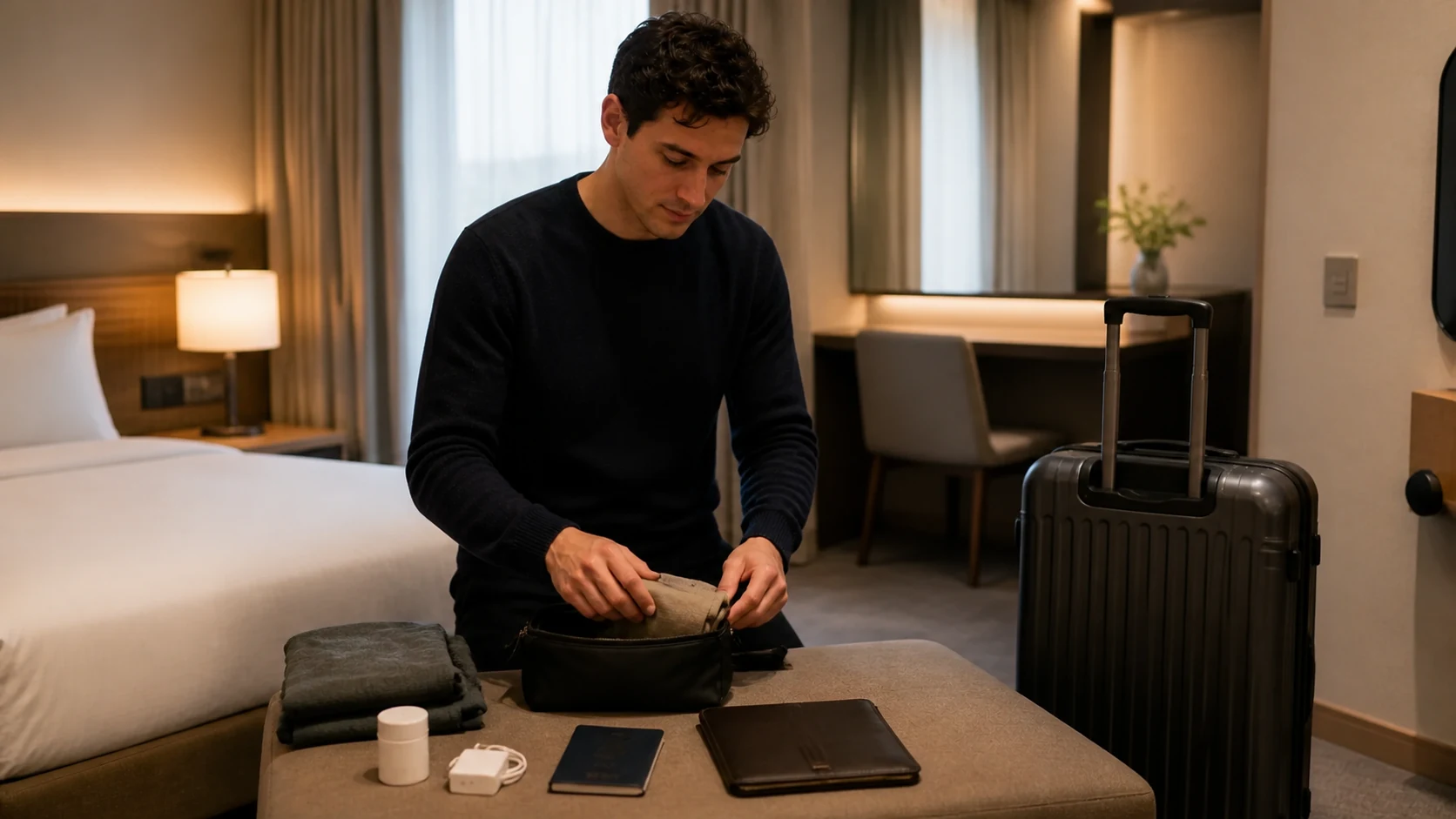 A traveler packs a compact carry bag beside a closed large suitcase and generic travel essentials.