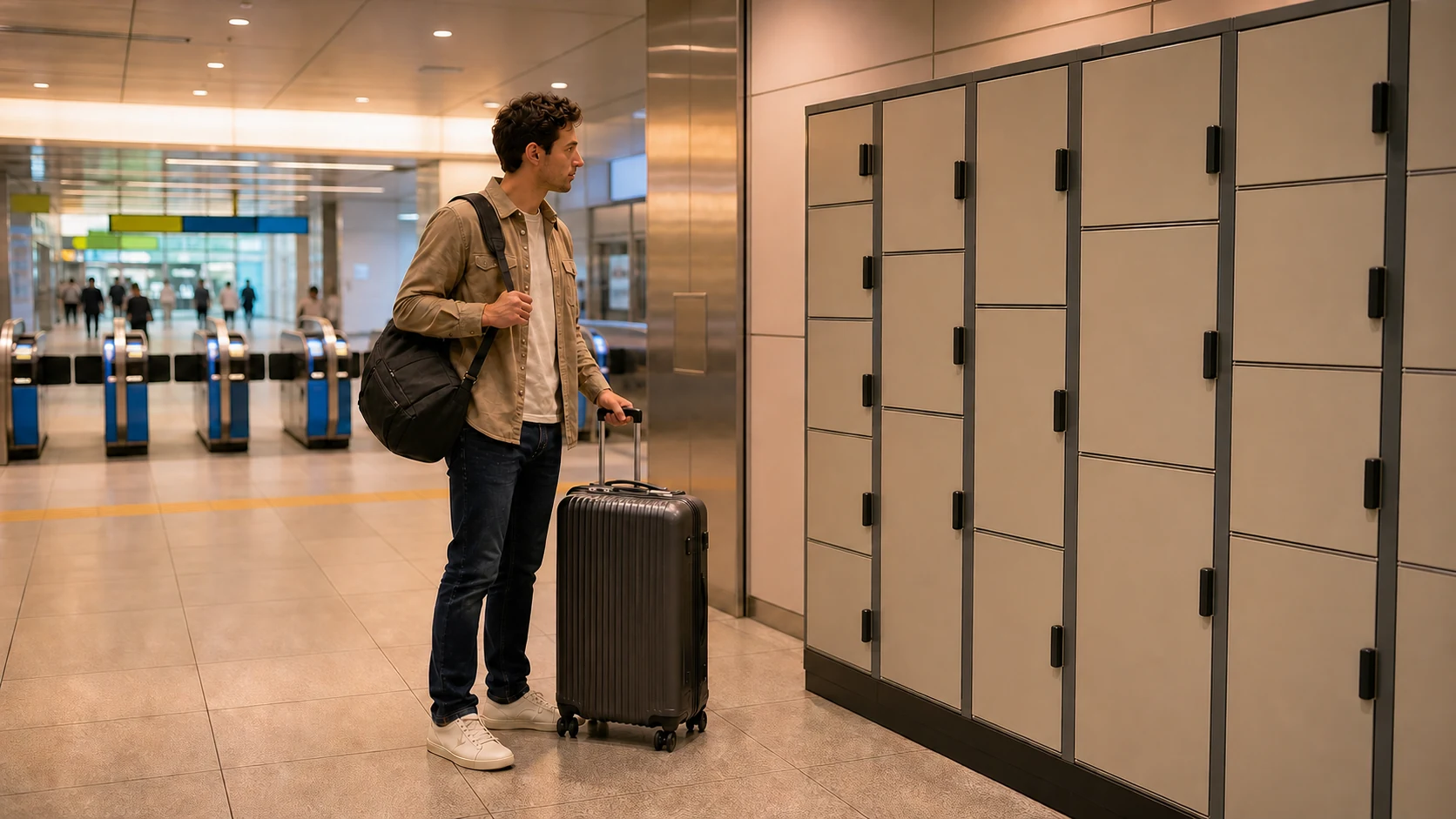 A traveler compares a medium suitcase with several generic coin lockers inside a station.