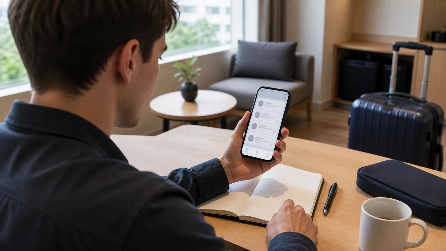 A traveler in a calm hotel room compares abstract care listings on a phone beside an open notebook.