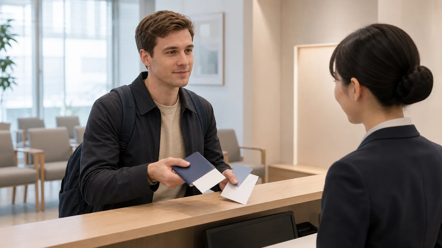 A traveler at a generic medical reception keeps blank identity, insurance, medical-information, and receipt documents together.