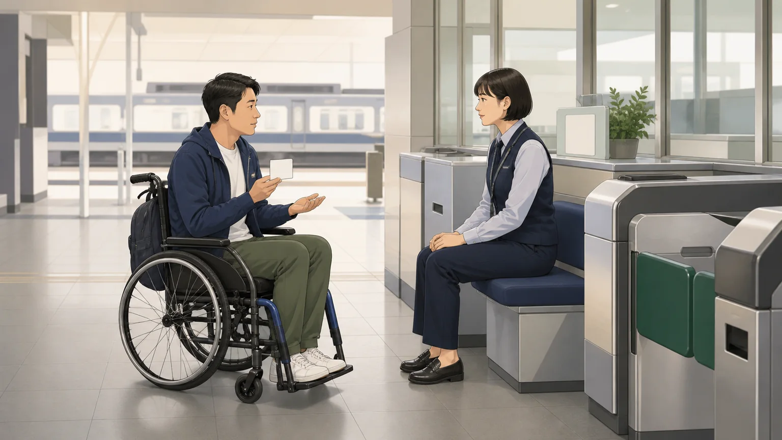A wheelchair user speaks with a station staff member beside a staffed gate while holding a blank destination card.
