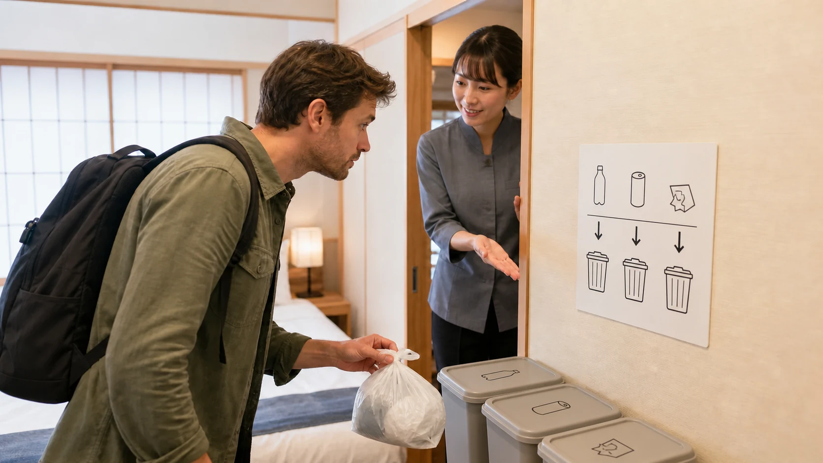 An adult traveler checks pictogram sorting instructions beside accommodation bins while a staff member assists.